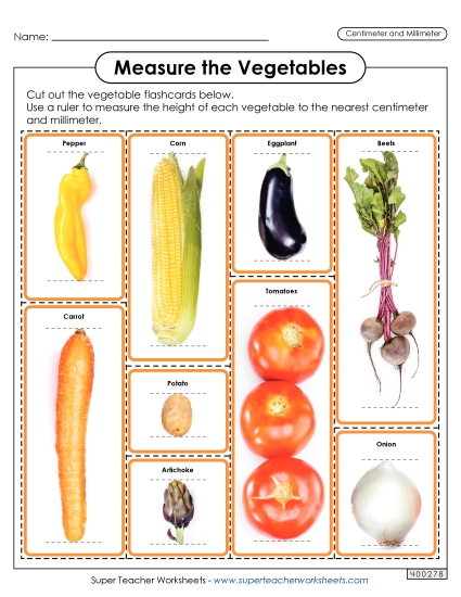 Flash Cards: Measure the Vegetables (Nearest Centimeter and Millimeter)