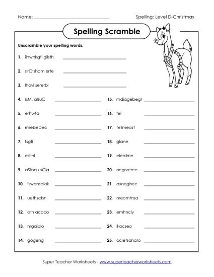 Scrambled Spelling (D-Christmas)  Free Spelling D Worksheet