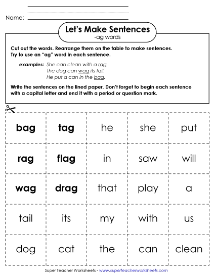 Make Sentences: Word Cards (-ag)
