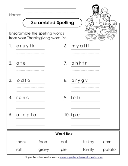 Word Scramble (A-Thanksgiving)  Spelling A Worksheet