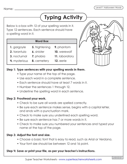 Typing Sentences (Halloween) Spelling F Worksheet
