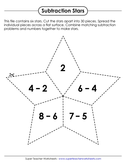 Subtraction Star Puzzles<br>(Minuends 10 or Less)