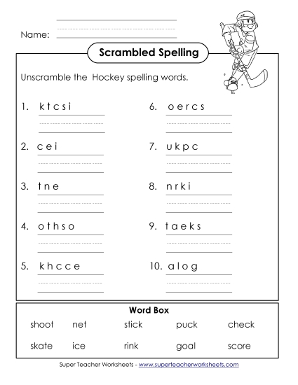 Scrambled Spelling Words (A-Hockey Words) 