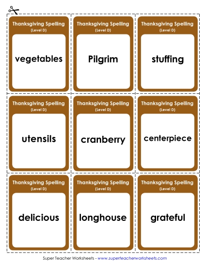 Flashcards (D-Thanksgiving) Spelling D Worksheet