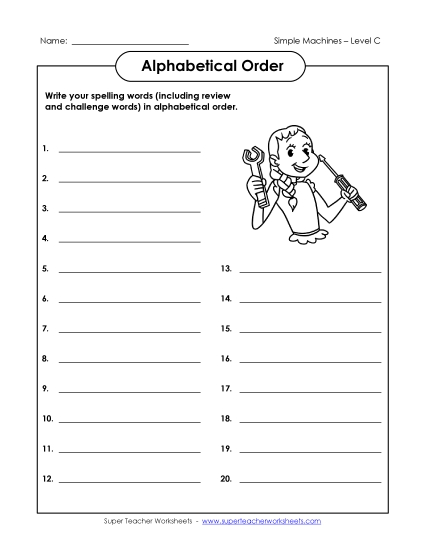 ABC Order: Write List (C-Simple Machines Words) 