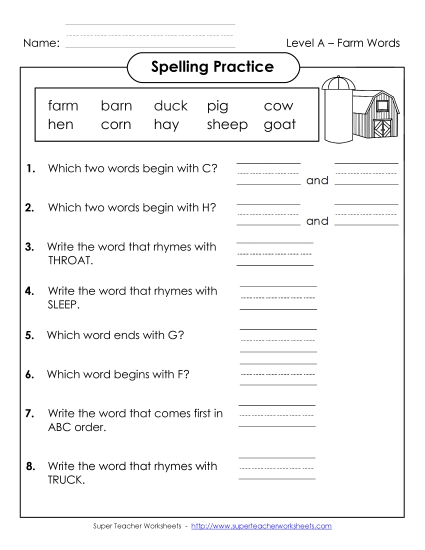 Spelling Practice (A-Farm Words) 