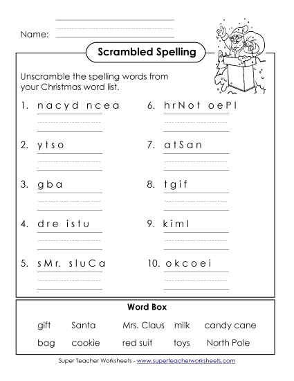 Scrambled Spelling Words (B-Christmas)  Spelling B Worksheet