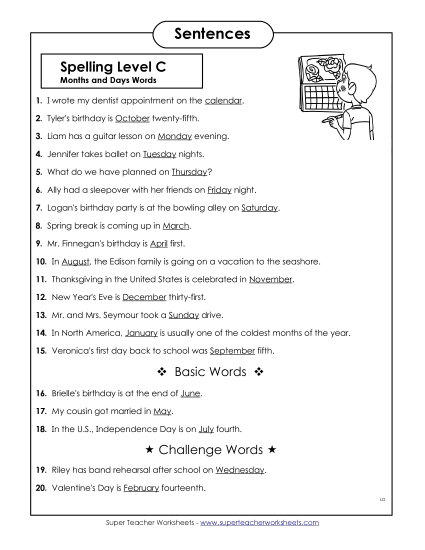 Spelling Test Sentences (C-Months and Days) 
