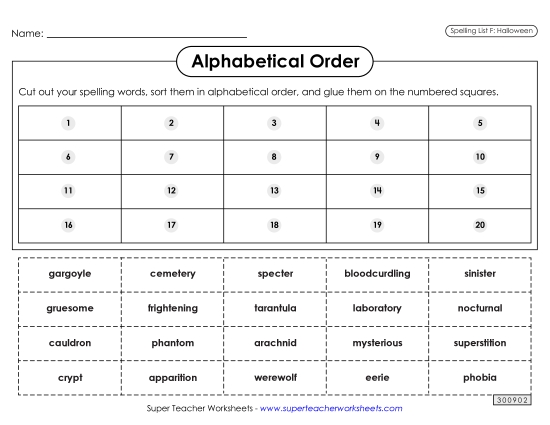 Alphabetical Order: Cut-Glue (Halloween) Spelling F Worksheet
