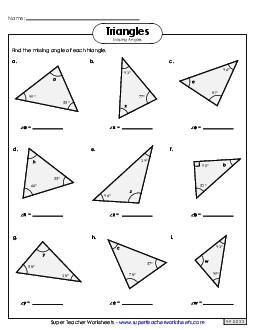Missing Angles (Triangles) 5th Grade Math Worksheet