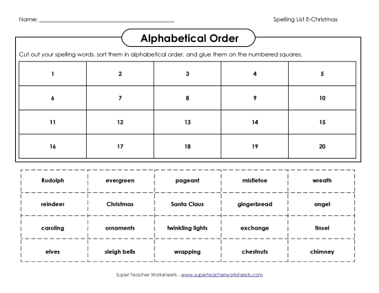 ABC Order: Cut and Glue Spelling E Worksheet