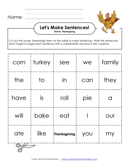 Build Sentences: Thanksgiving Worksheet
