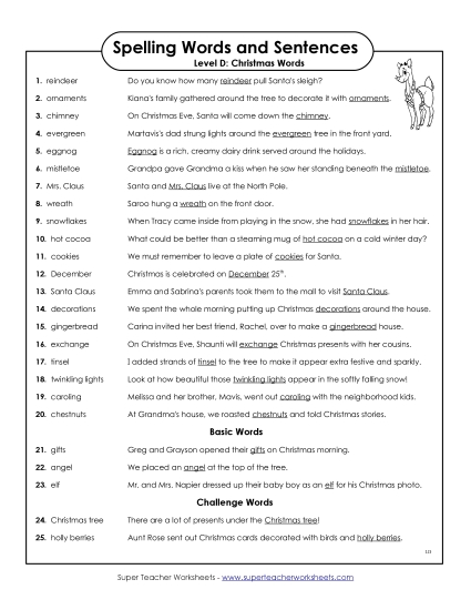 Spelling Test Sentences (D-Christmas)  Spelling D Worksheet