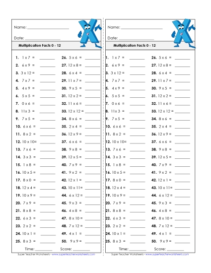 Multiplication Timed Quiz #2<br>Factors 0 through 12