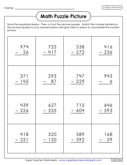 Subtraction Puzzle Picture: Groundhog Day<br>(3-Digit Subtraction)