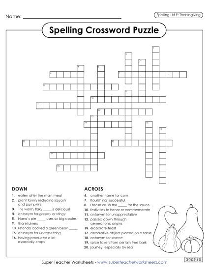 Crossword (Thanksgiving) Spelling F Worksheet