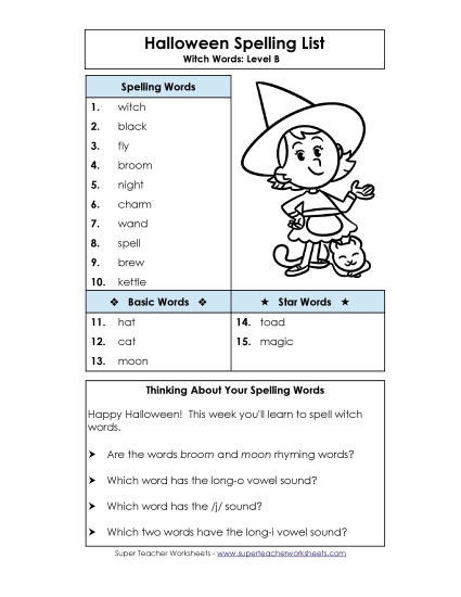 Spelling List (Level B: Halloween)  Spelling B Worksheet