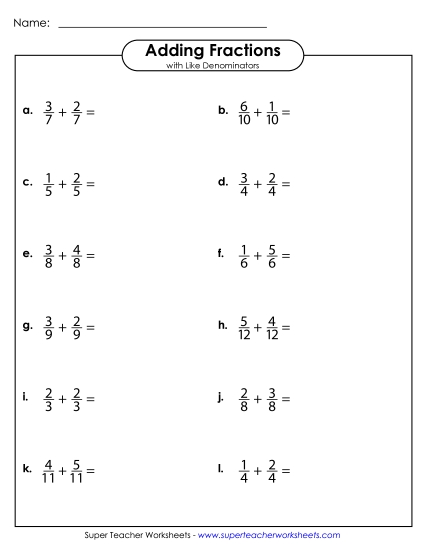 Adding Fractions w/ Like Denominators (Horizontal)