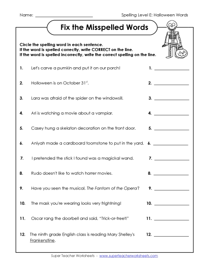 Fix the Misspelled Words  Spelling E Worksheet