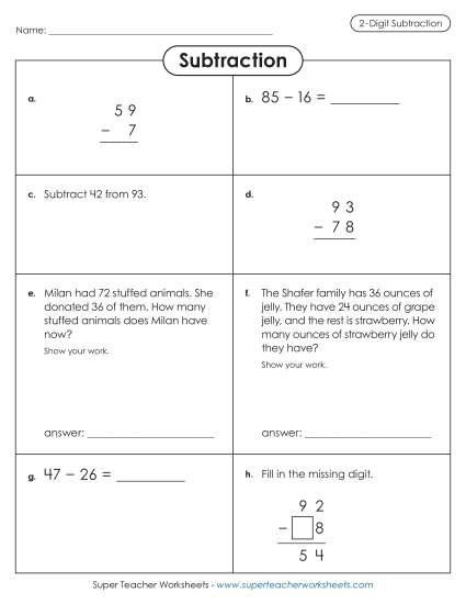 Variety Worksheet: 2-Digit Subtraction