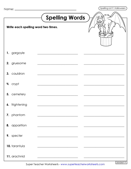 Write Words Twice (Halloween) Spelling F Worksheet