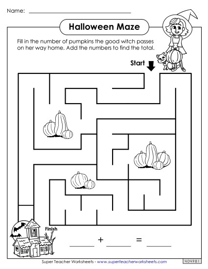 Addition Maze (Basic) Halloween Worksheet