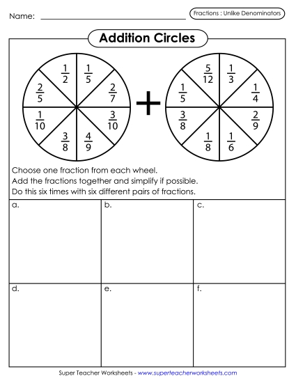 Addition Circles<br>(Fractions w/ Unlike Denominators)
