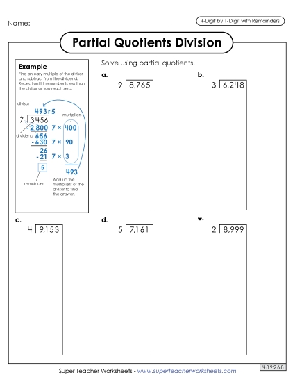 Partial Quotients <br>4-Digit by 1-Digit Division (with Remainders)