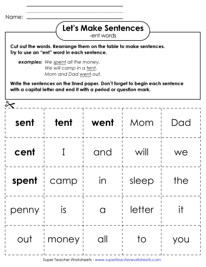 Make Sentences: Word Cards (-ent)
