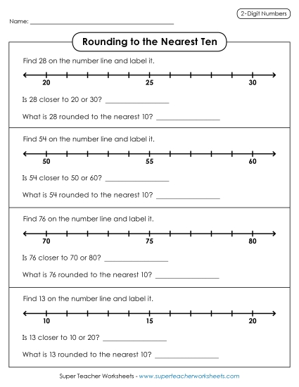 Rounding to the Nearest Ten<br>Number Lines (2 Digit Numbers)