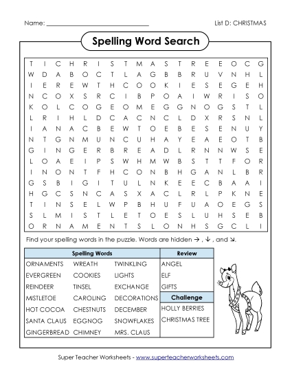 Word Search (D-Christmas)  Spelling D Worksheet