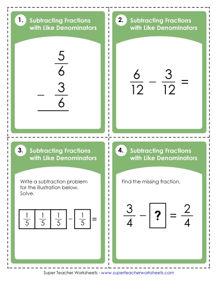 Task Cards: Subtraction Fractions w/ Like Denominators
