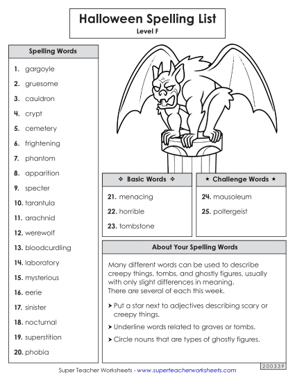 Spelling Word List (Halloween) Spelling F Worksheet