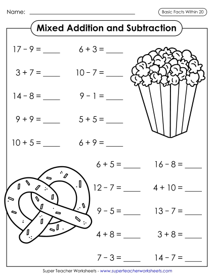 Addition & Subtraction Facts: Snacks (Horizontal)