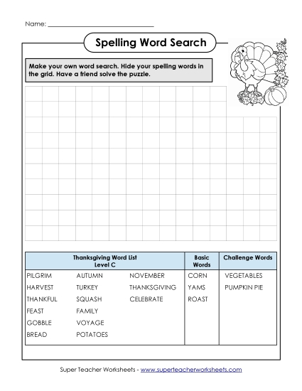 Make a Word Search (C-Thanksgiving)  Spelling C Worksheet