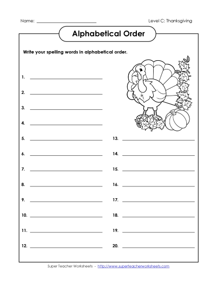 ABC Order: Write it Out (C-Thanksgiving)  Spelling C Worksheet