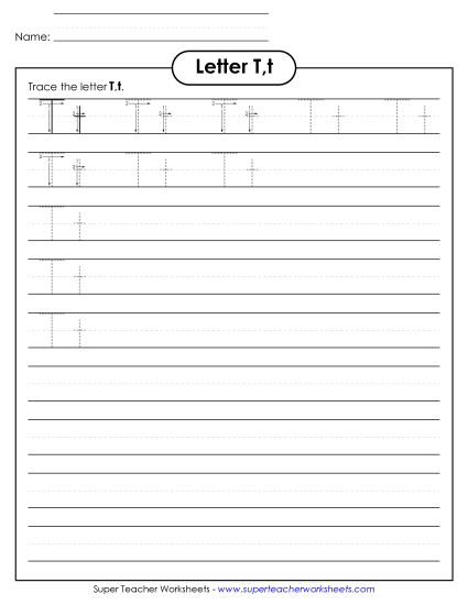Letter T, t - Tracing (Smaller Font Size) Alphabet Worksheet