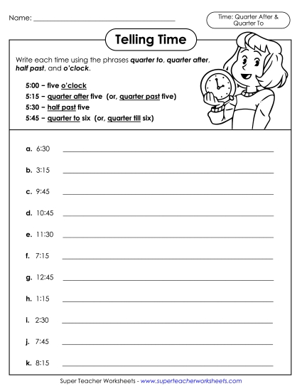 Telling Time Worksheet (Quarters)
