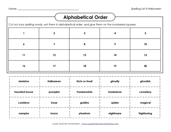 ABC Order: Cut and Glue Spelling E Worksheet