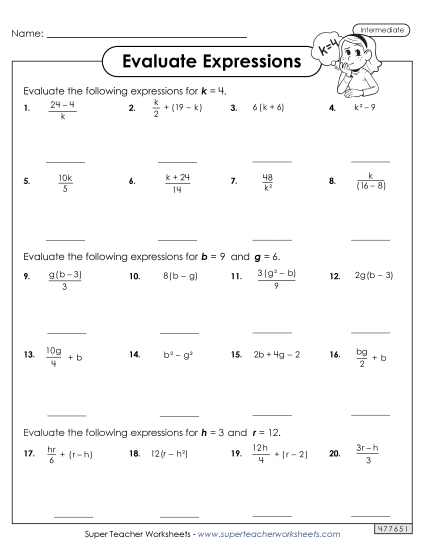 Evaluate Algebraic Expressions (Intermediate)<br>Worksheet 2