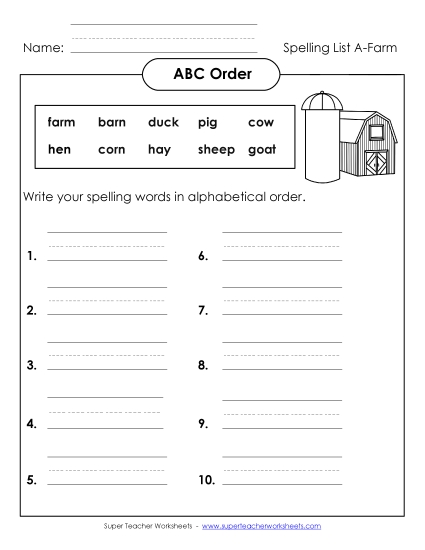 ABC Order: Write List (A-Farm Words) 