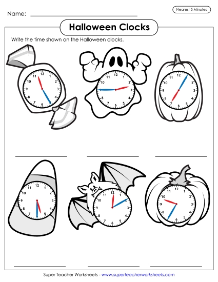 Halloween Clocks - Nearest 5 Minutes Worksheet