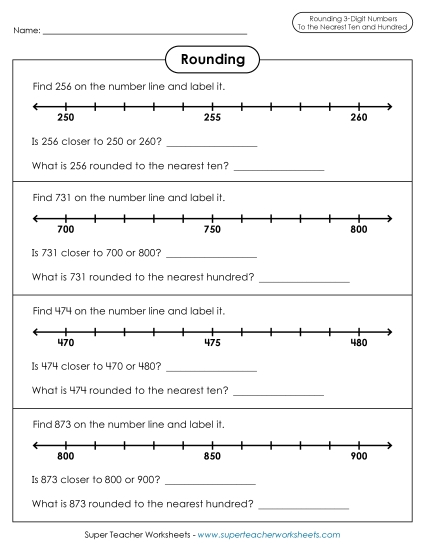 Number Lines: Rounding to Nearest 10 and 100