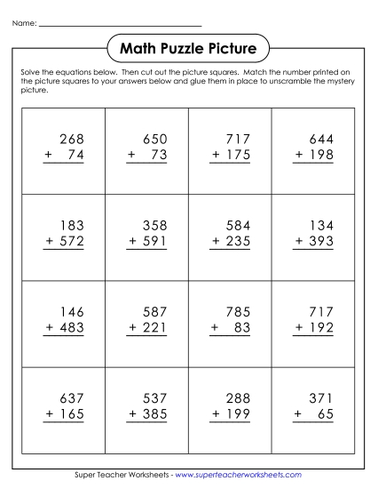 3-Digit Addition: Werewolf Cut-and-Glue Mystery Puzzle Worksheet