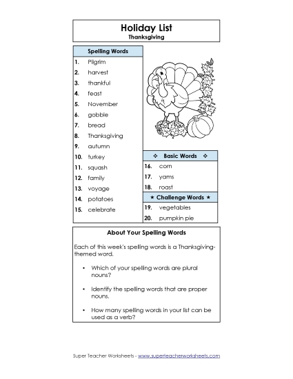 Spelling List (C-Thanksgiving)  Spelling C Worksheet