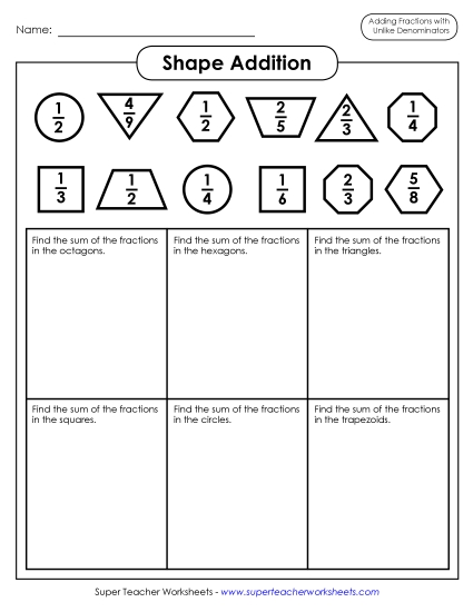 Addition Shapes<br>(Fractions; Unlike Denominators)