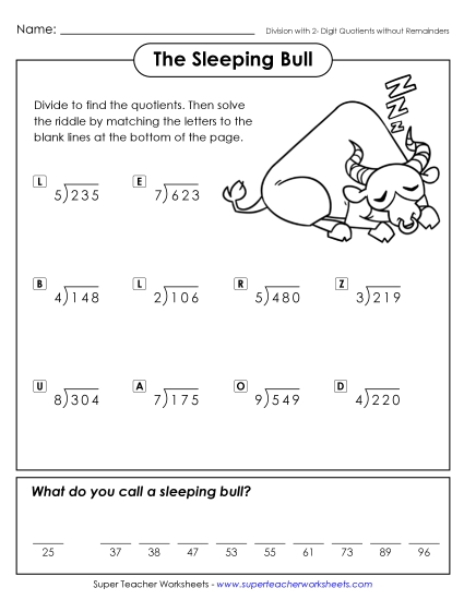 The Sleeping Bull<br>(2-Digit Quotients; No Remainders)