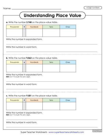 Understanding Place Value (4 Digits)<br>Worksheet 1