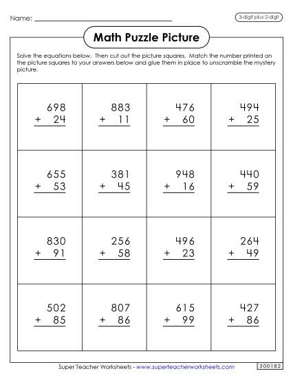 Addition Puzzle Picture: Valentine\'s Day<br>(3-Digit Plus 2-Digit)