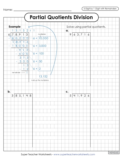 Partial Quotients (Graph Paper) <br>5-Digit by 1-Digit Division (with Remainders)